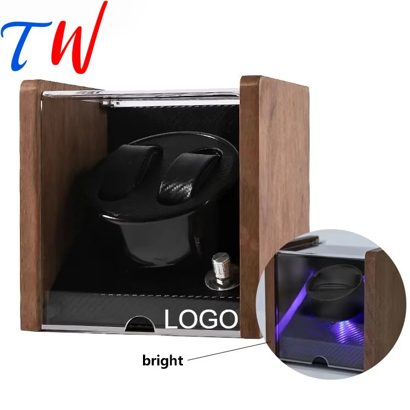 

Custom Logo Walnut Wood Watch Winder-Acrylic Top Dual-Watch Automatic Box with LED Lighting&Digital Tachometer,watch Storag Case