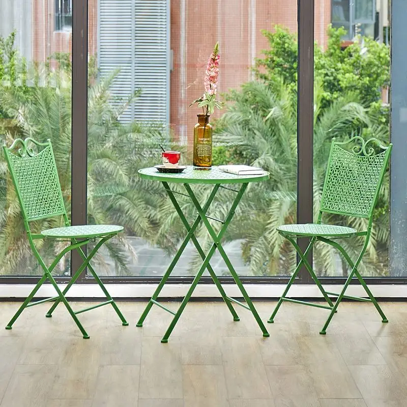 Balkon Besi Tempa Meja Lipat Santai dan Kursi Set Meja Furnitur Taman Tiga Bagian