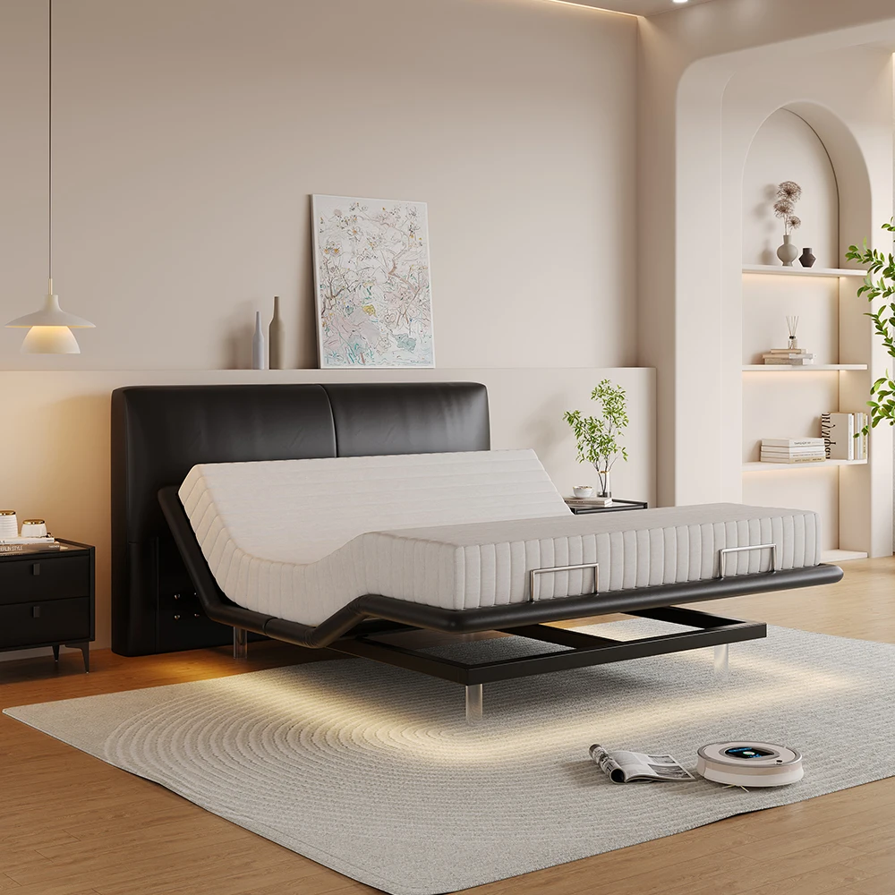 Genuine Leather Solid Wood Frame Upholstered Bedroom Furniture Reclining Luxurious Multi-Function Adjustable Smart Electric Bed
