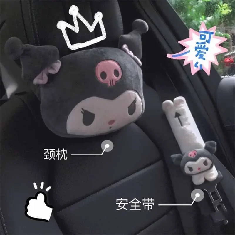 Kawaii Sanrio Kuromi Car Headrest Anime Cute Cartoon Mymelody Pillow Seat Belt Protective Cover Accessories Car Decoration Gifts