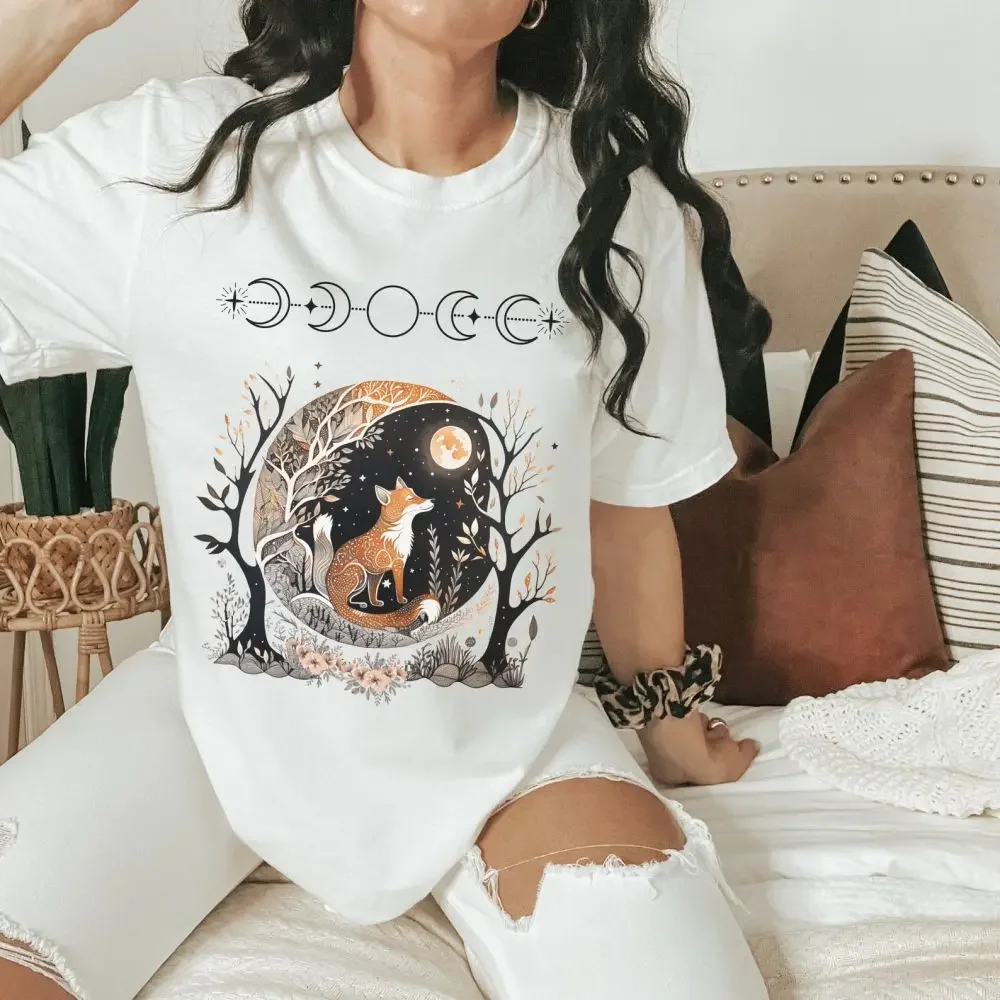 Women Crewneck Short Sleeve Shirt Whimsigoth Goblincore Shirt Fox Witchy T-shirt Celestial Fairycore Dark Cottagecore Aesthetic