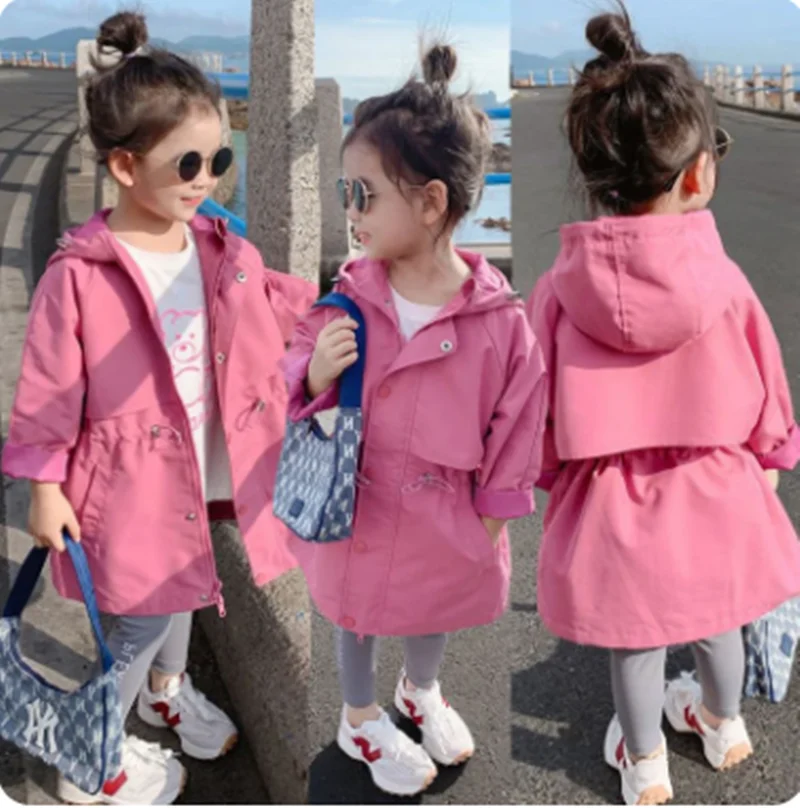 2024 Hot Selling Spring Autumn Girls Coat Long Style Waist Retractable Hoodies Windbreaker Jacket For 2-12 Years Old Kids