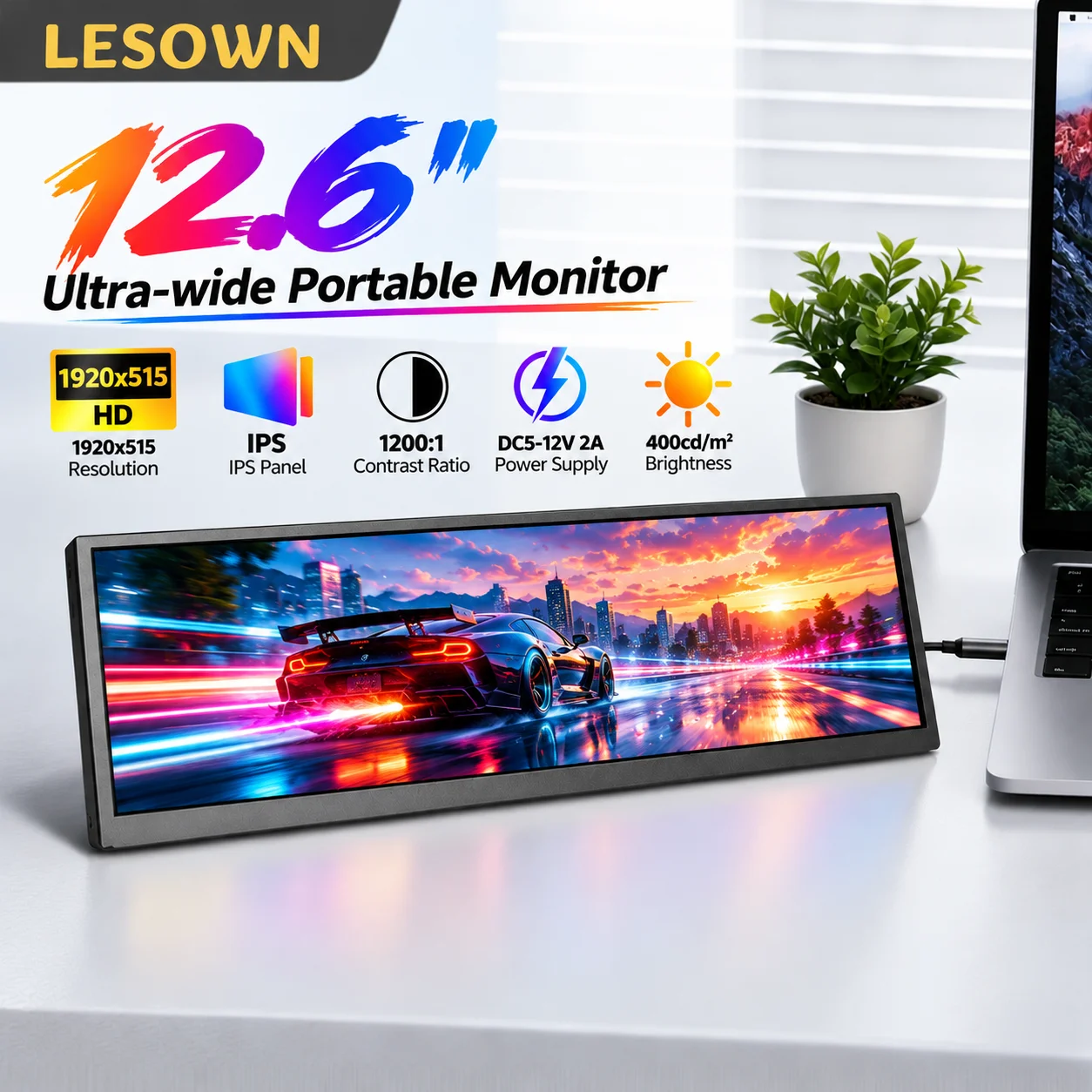 LESOWN 12.6/12.3 Inch Ultrawide LCD Display HDTV Type-C 170 Degree View 60Hz for AIDA64 CPU GPU System Monitoring Dashboard