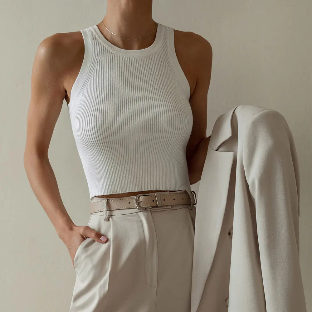 European and American Summer and Autumn Casual Pure Color Slim Fit Threaded Inner Tops Short Knitted Vest for Women
