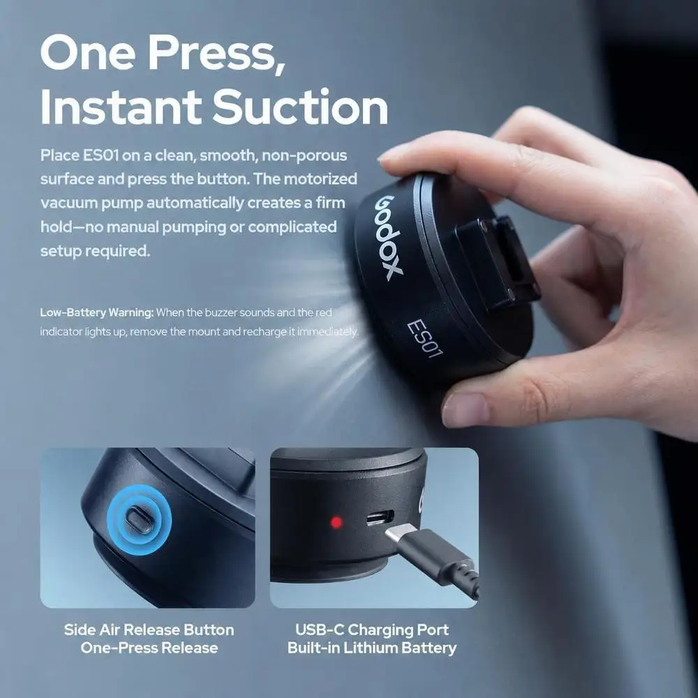 Godox ES01 Motorized Vacuum Suction Cup Mount Holder 1/4" Cold Shoe for Camera Flash LED Video Light Car Window Glass Photograph