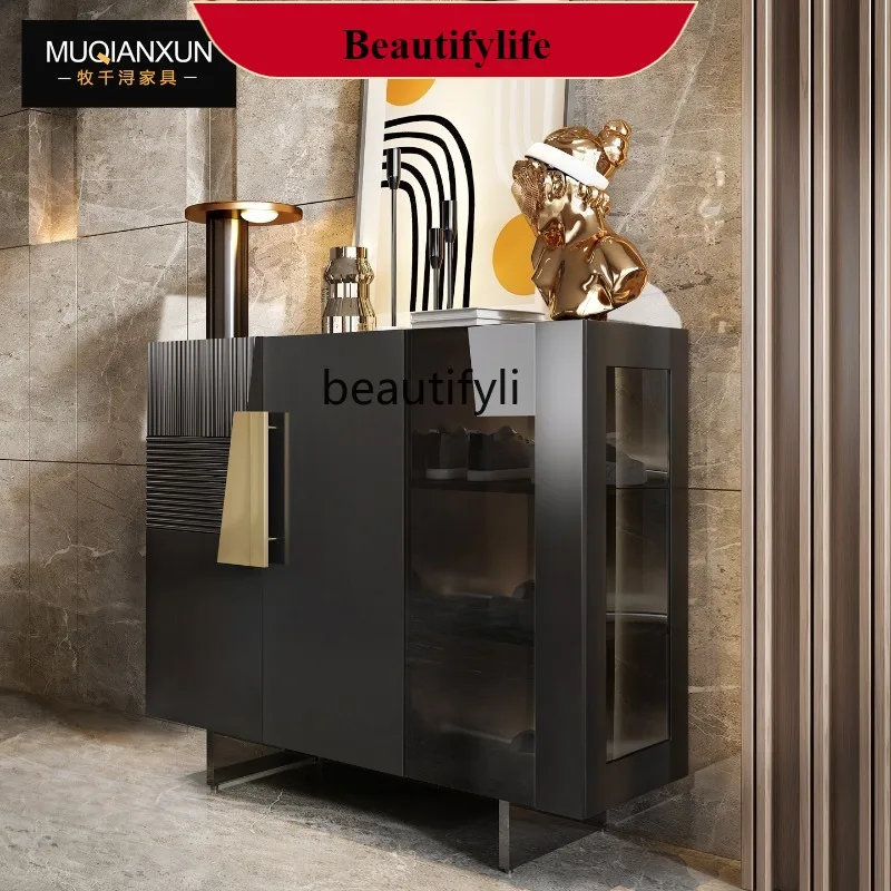 

G1218 Italian Style Light Luxury Entryway Shoe Cabinet Villa Glass Multifunctional Storage Black Entryway Cabinet