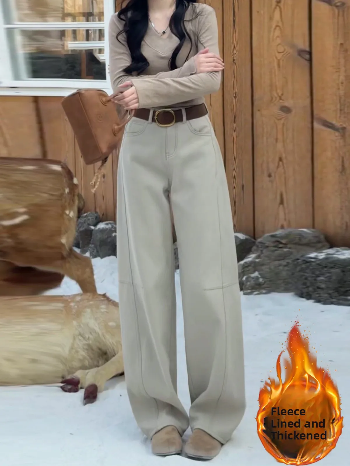 

Облегающие широкие джинсы с высокой талией на подкладке, женские весенние 2026, модные повседневные джинсовые брюки с ножом