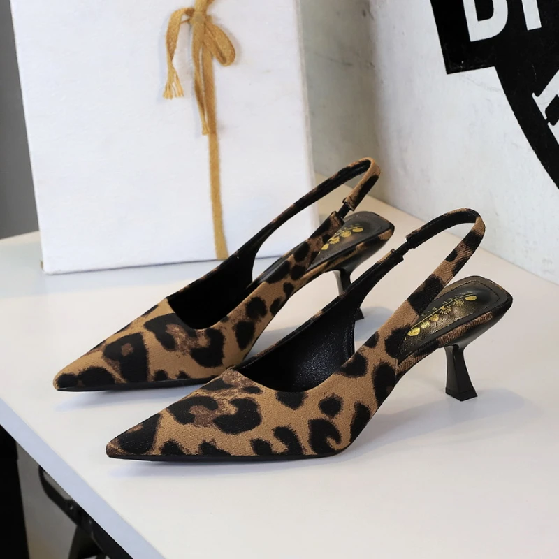 European And American Style Banquet High Heels Leopard Print Thin Heel Hollow Pointed Toe Single Shoes Tripping Temperament