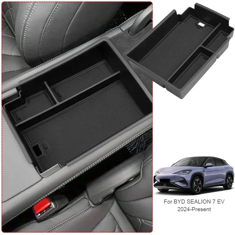 Car Armrest Box Storage Wireless Charging Pad Under Centrol Control Organizer Water Cup Holder For BYD SEALION 7 2024-Present