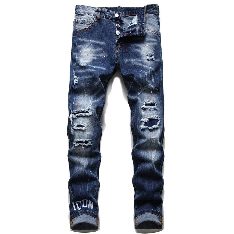 

Men Blue Holes Denim Jeans Italian High Street Style Ripped Denim Long Jeans Pants High Quality Male Slim Denim Trousers Size 38