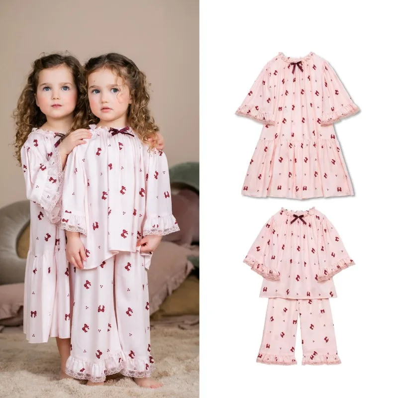 Girls' Home Clothes 2024 Autumn New Collection Small and Medium Sized Long Sleeve Pants Printed Cotton Sleepwear Two Piece Set