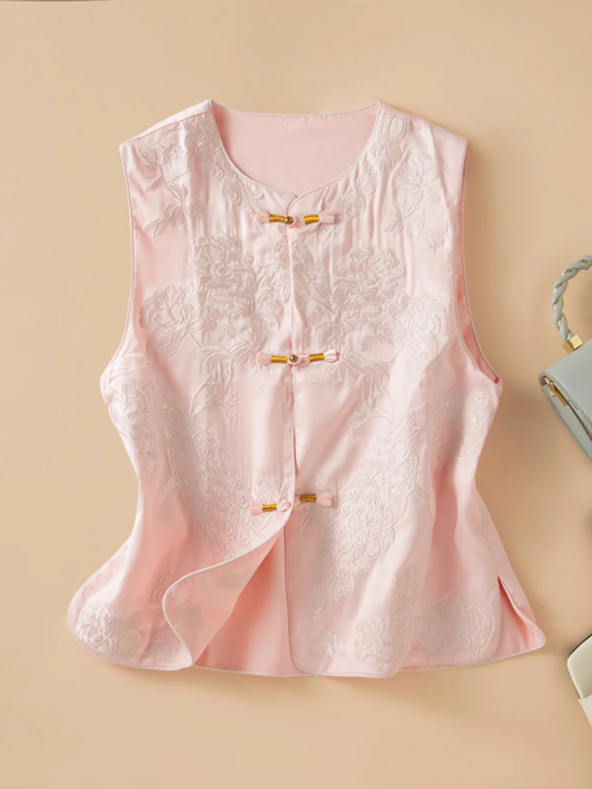 

New Chinese Sle Heavy Embroidery Women's Vest Spring 2025 round Ne Button up Top Floral Pattern Commute Sle Faion