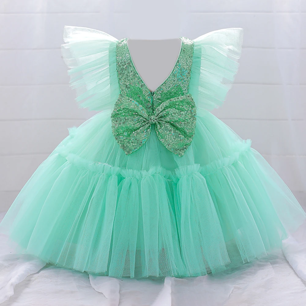 Baby Dresses Summer 1 Years Birthday Green Party Princess Dress for Girl Tulle Bow Sequin Bridemaid Dresses Wedding Gown Costume