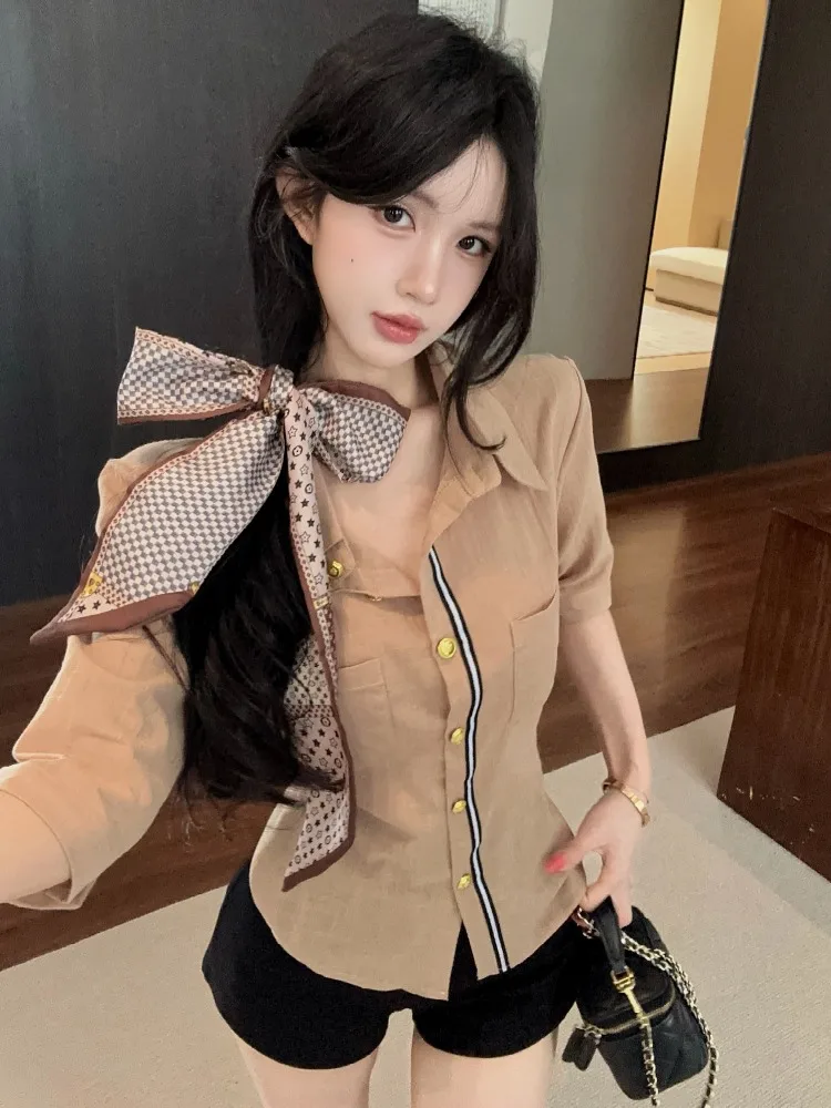 

Fashionable Korean Style Slim Fit Shirt with Scarf Summer New Arrival High End Feelings Commuting Shirt Breathable Skin Friendly
