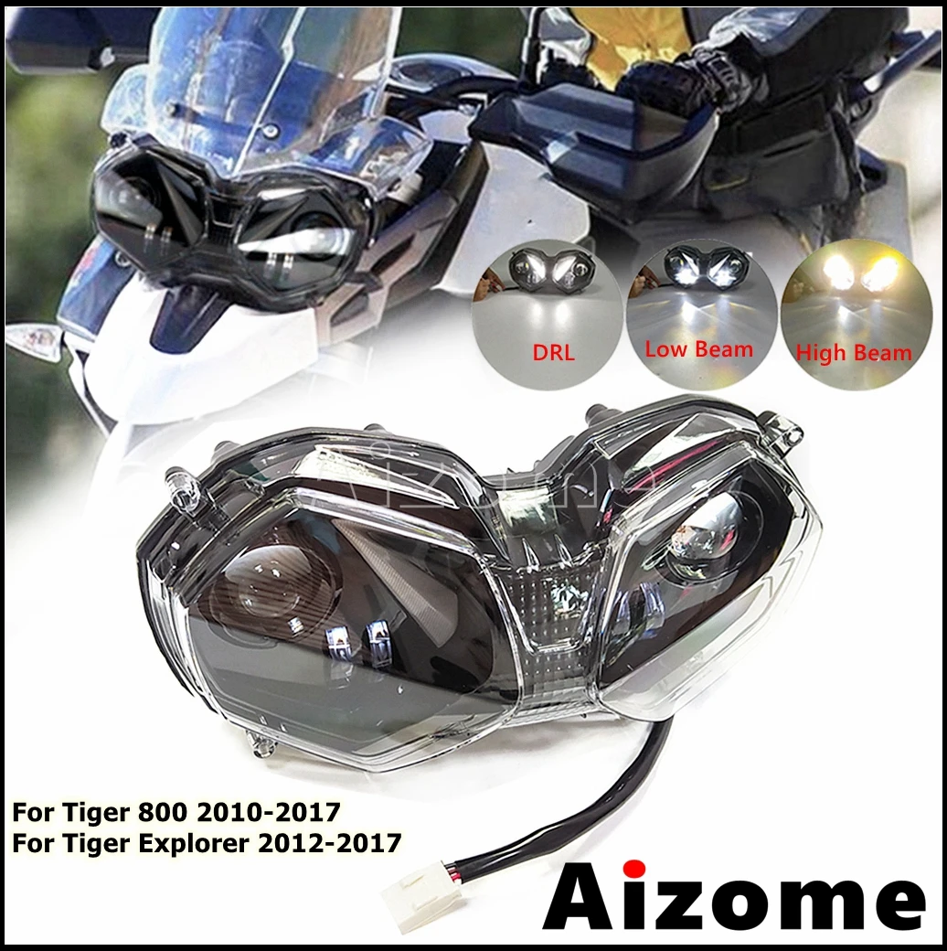 Front 12V 110W Hi/Lo Beam Motorcycle LED Headlights For Tiger 800 XC XR Tiger Explorer Motorbikes DRL Headlamp Assembly 2010-17