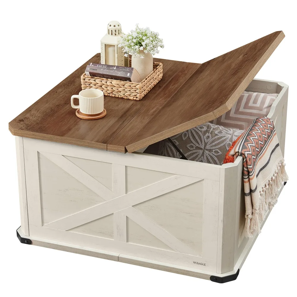 Farmhouse Coffee Table with Storage, Square Coffee Table for Living Room, Center Table with Flip-Top Lids