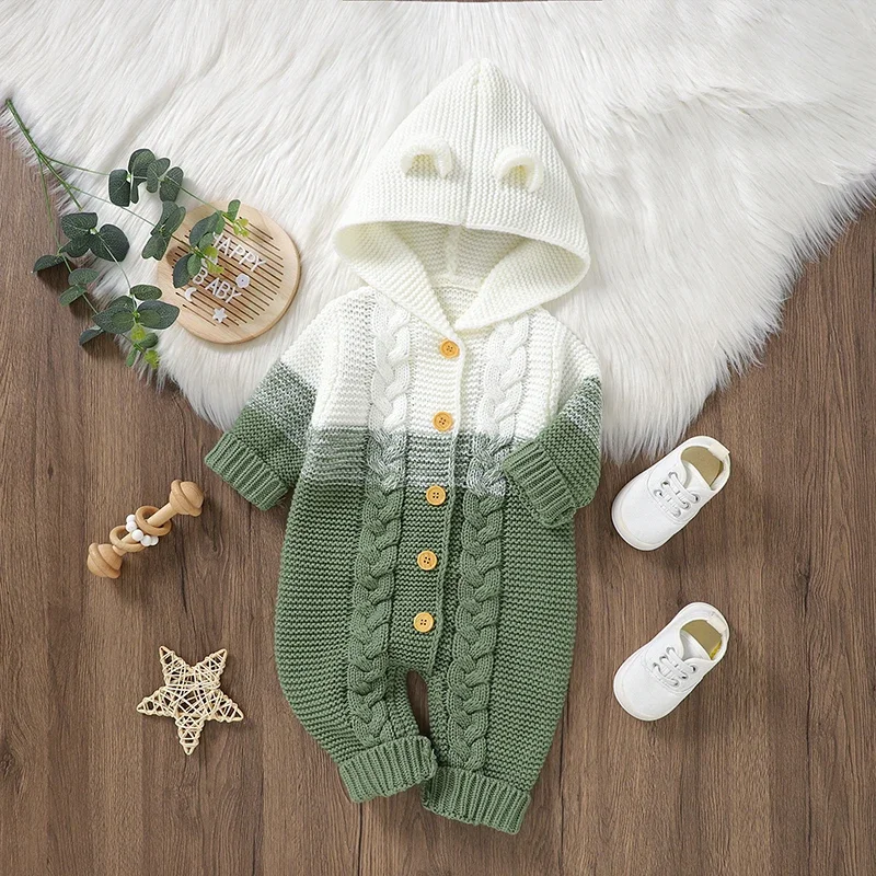 

Baby Romper Knitted Newborn Girl Boys Jumpsuit Fashion Hooded Solid Infant Kid Clothing Long Sleeve Fall 0-18M Overalls Playsuit