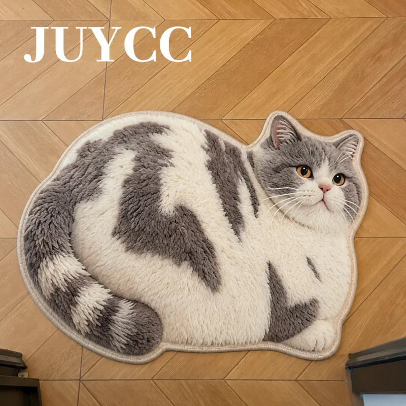 VIKAMA 3D Lifelike Fat Ginger Cat Shaped Rug Non Slip Washable Animal Floor Mat Cute Bedroom Doormat For Cat Lovers Home Decor