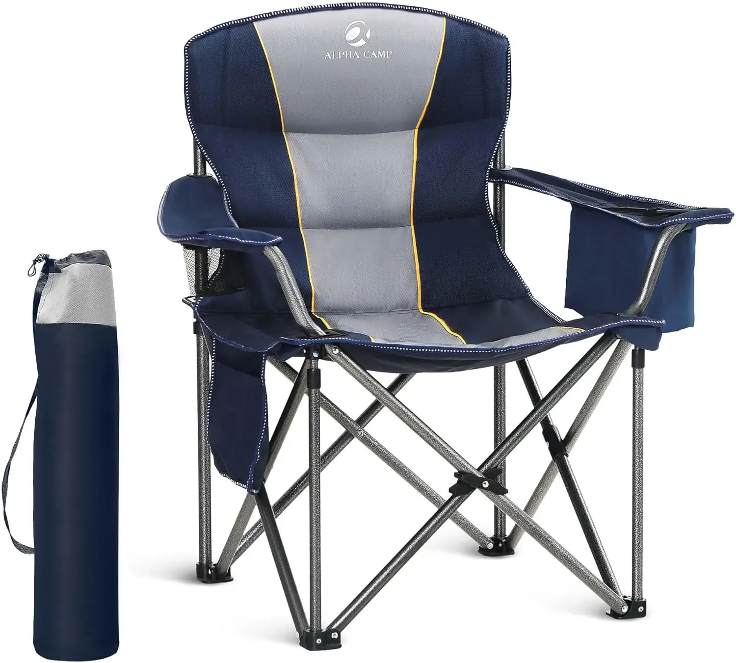 Folding Camping Chair Oversized Heavy Duty Padded Outdoor Chair with Cup Holder Storage and Cooler Bag, 450 LBS Weigh