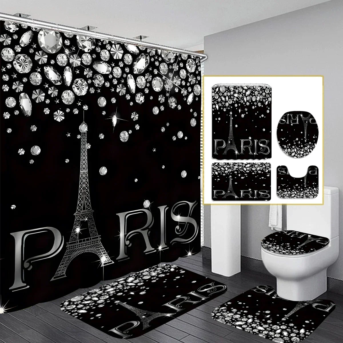 Black and white romantic Paris bathroom curtain waterproof toilet non-slip bathroom mat U-shaped mat toilet cover