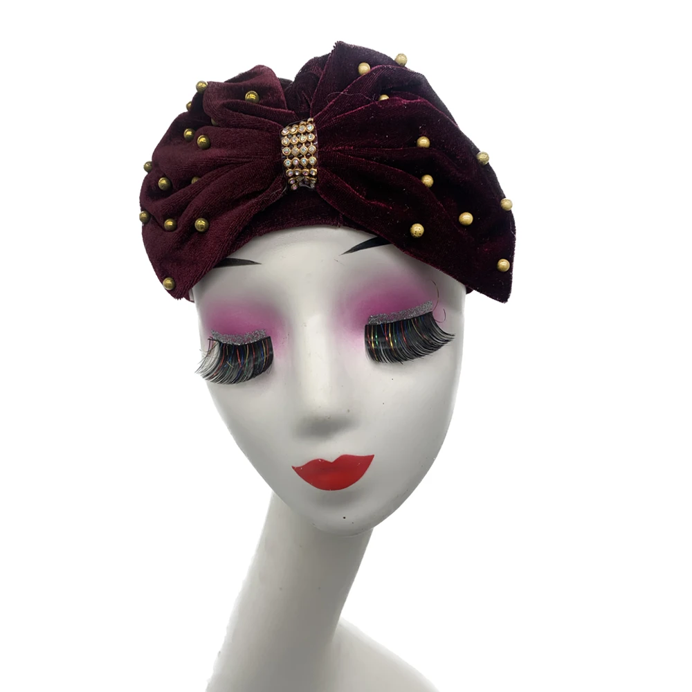 

Velvet Turban Cap for Women Diamonds Muslim Headscarf Bonnet Female Head Wraps Winter Head Cover Hat