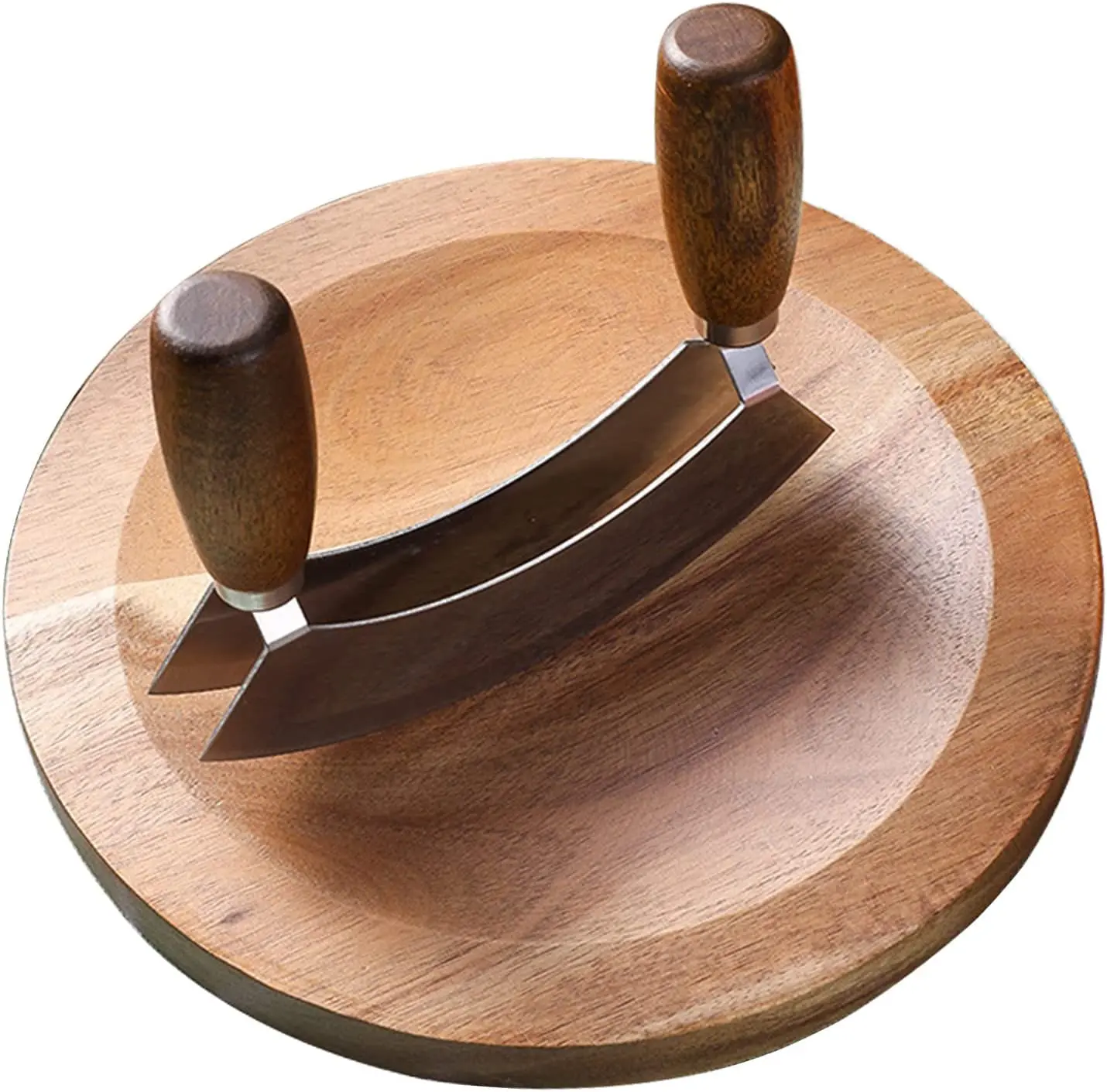 Mezzaluna-Messer und rundes Schneidebrett, Doppelklinge, Hackmesser, Pizzaschneider, Wippmesser, Mezzaluna mit Kräuterbrett aus Holz