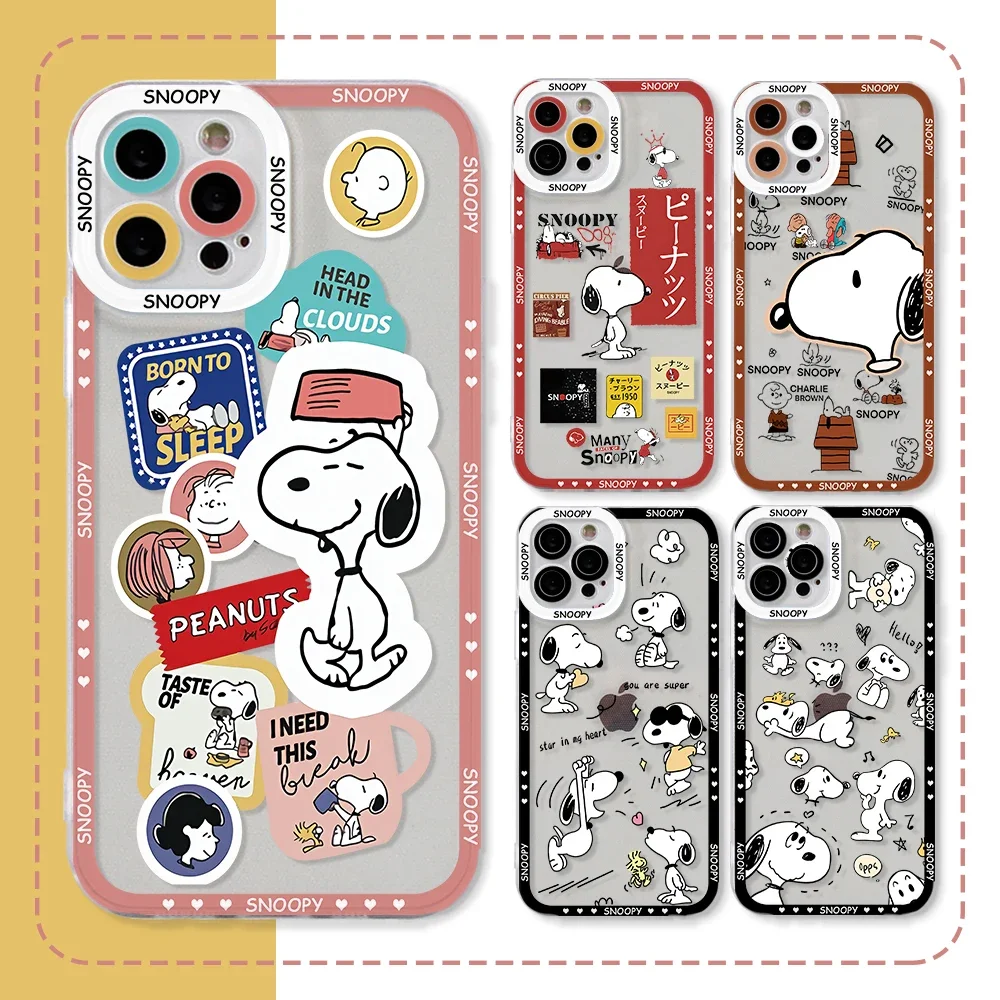 Cute Dog S-Snoopys Phone Case for iPhone 16 15 14 Plus 13 12 Mini 11 Pro Max X Xs XR 7 8 Border Print Transparent Soft Cover