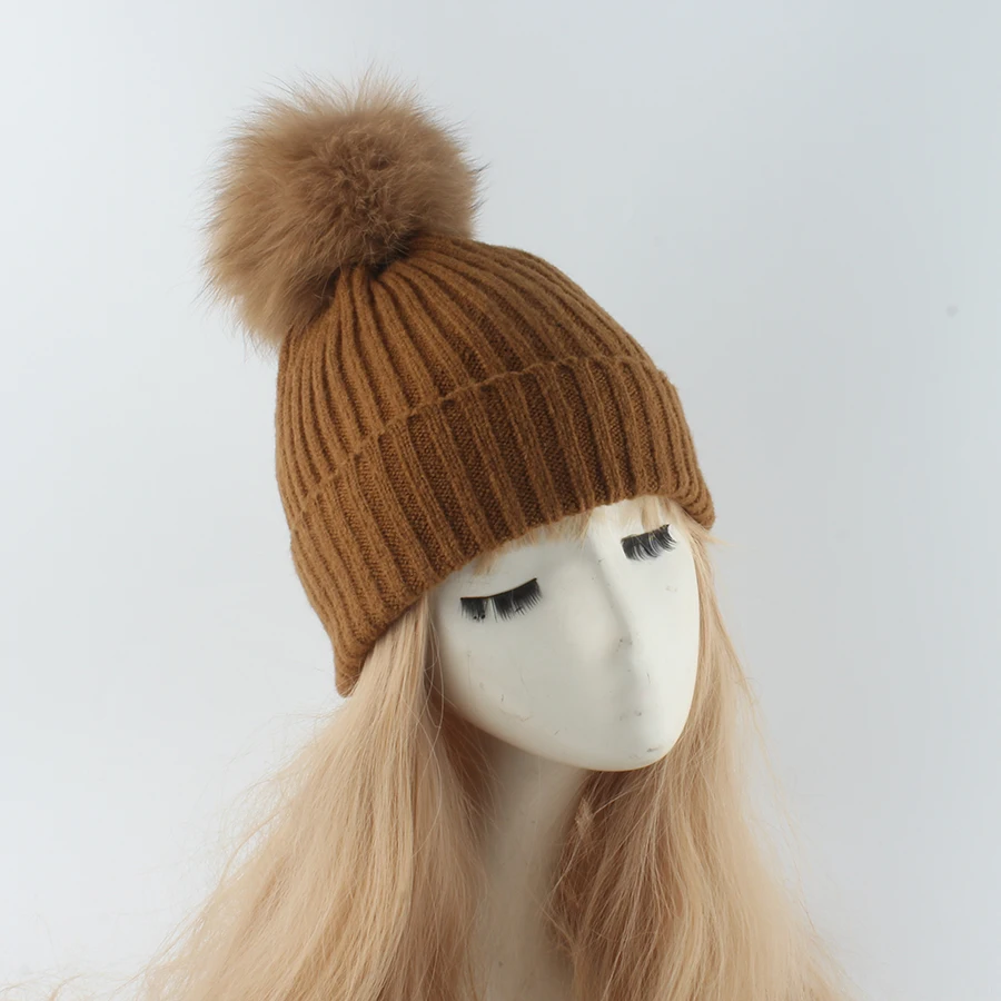 NEW Real Raccoon Fur Pom Pom Hats For Women Warm Striped Knitted Hat Winter Girls Fox Ball Beanies Skullies Outdoor Female Cap 4
