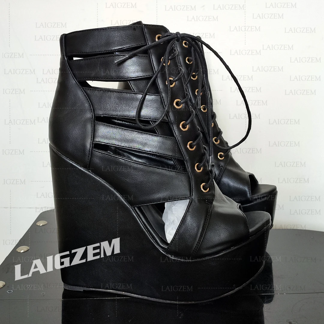ZHIMA Women Platform Pumps Peep Toe Lace Up Wedges High Heels Sandals Handmade Ladies Shoes Woman Large Size 39 41 45 50 52