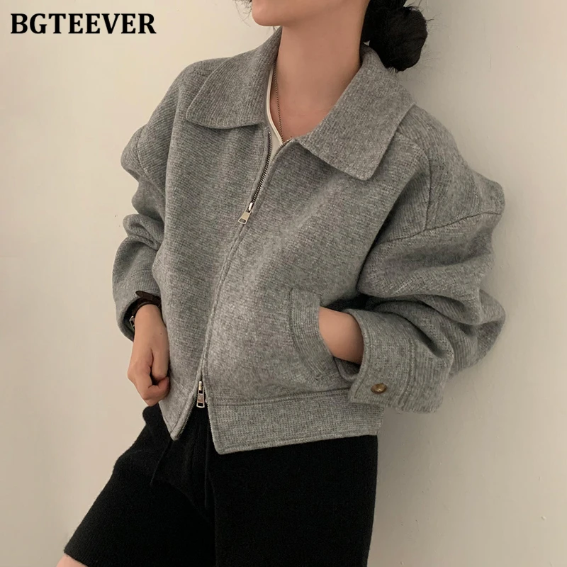 BGTEEVER Vintage Loose Turn-down Collar Pockets Female Woolen Jackets Autumn Winter Elegant Long Sleeve Zipper Women Blend Coats