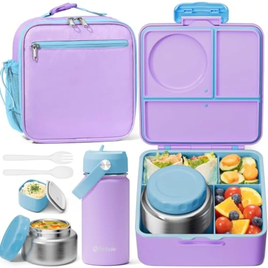 

Bento Lunch Box with Thermo Leakproof Toddler Bento Box with 8.5 OZ Insulated Food Jar Lunch Bag Water Bottle 3 or 4 Compartmen