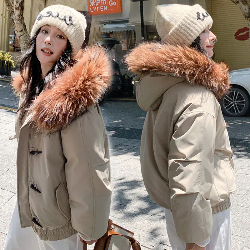 PinkIsBlack Horn Buckle Big Fur Hooded Winter Cotton Padded Jacket Coat Women Parkas Thick Clothes Female Short Casual Outerwear