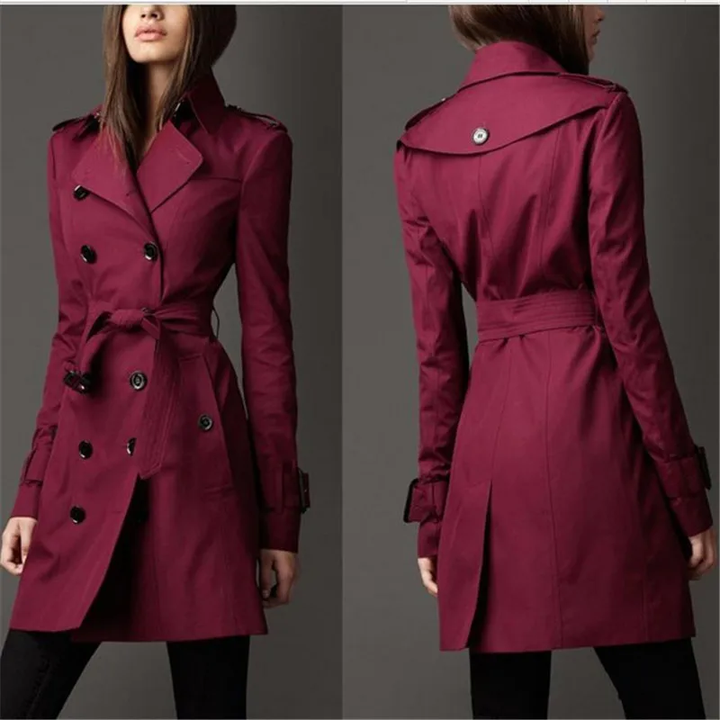 Casaco de trespassado longo Slim Fit Trench Coat feminino, Blusão feminino, cáqui, preto e vinho tinto, S-2XL, Novo, Outono, 2022