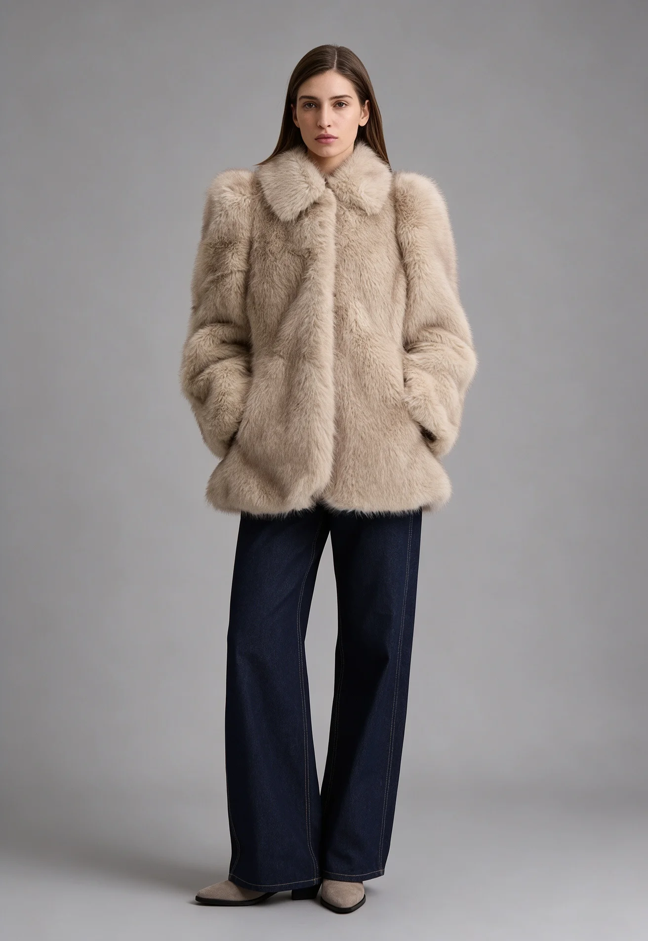 IG Women Wide Lapel Cinched Waist Faux Fur Coat, Peplum Hem Mid-Length Fluffy Jacket, Side Pockets Winter Warm Beige Casual Oute