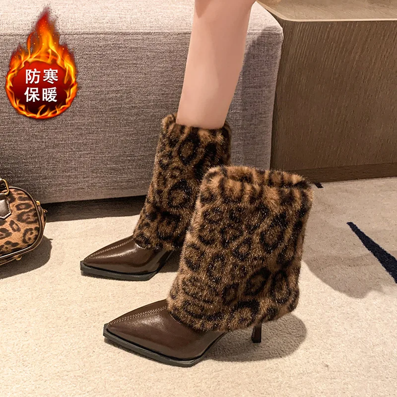 

High Heeled Women's Boots 2025 New Thin Heels Mid-calf Modern Boots Fur Short Boots Fashionable Sexy Pointed Mid Top Boot