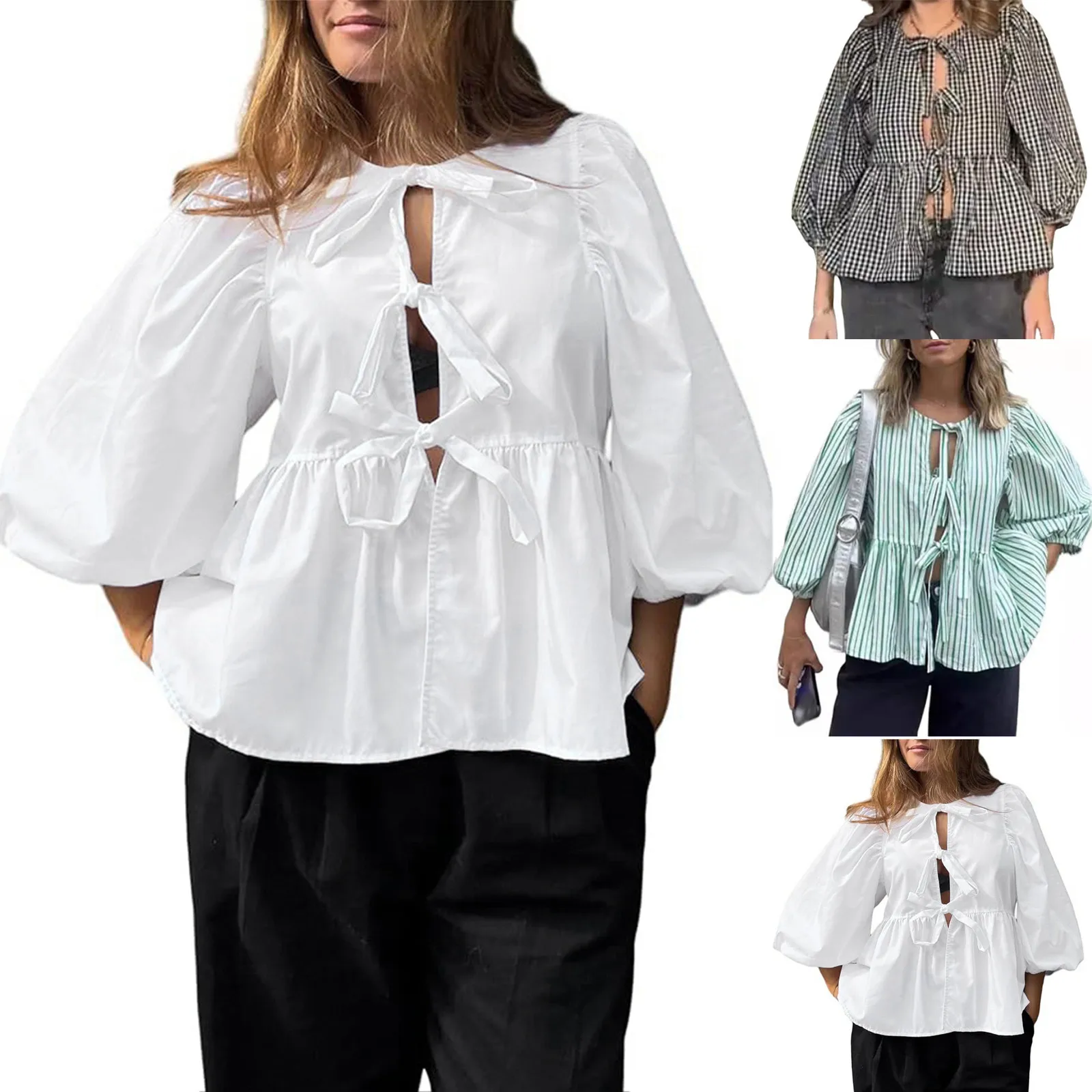 Women Puff Short Sleeve Peplum Shirts Tie Front Ruffle Hem Blouse Tops Teen Girls Lace Up Cute Plus Size Women Blouse For Women