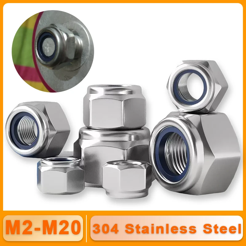 Nylon Lock Nuts M2 M2.5 M3 M4 M5 M6 M8 M10 M12 M14 M16 M20 304 Stainless Steel Hexagon Anti-Slip Automatic Lock Nut DIN985