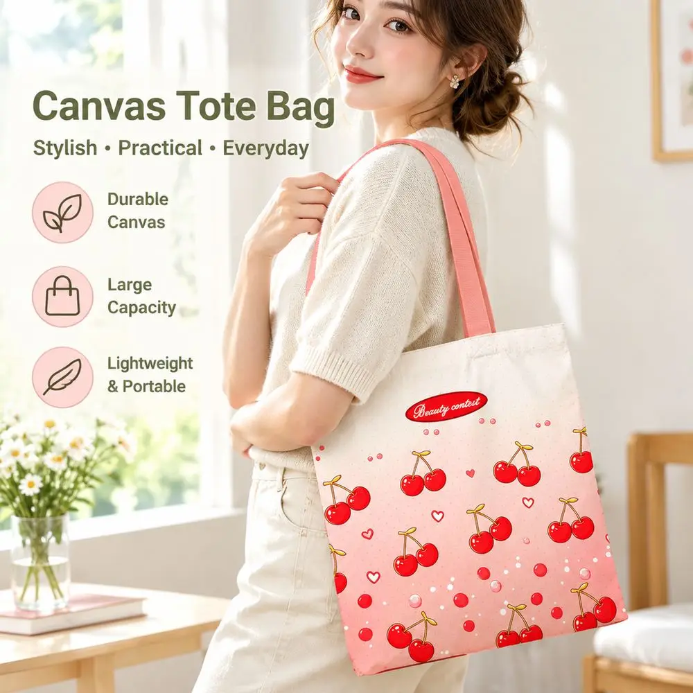 Durable Cherry Print Canvas Bag Reusable Large Capacity Tote Bag Versatile Lightweight Lunch Bag Daily Use
