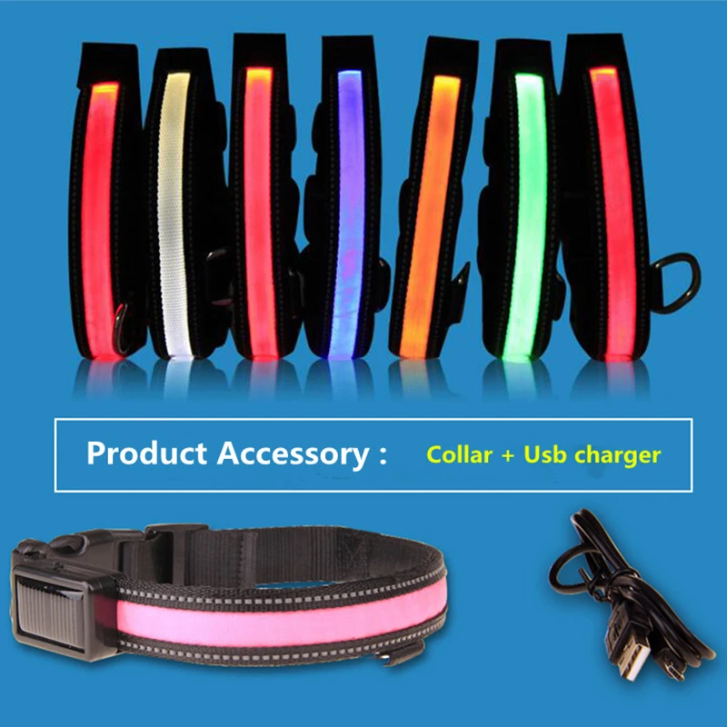 Nylon LED Dog Collar Light Usb Rechargeable Adjustable Flashing Night Safety Solar Charging Collar Perro Luz Pet Dog Accessories