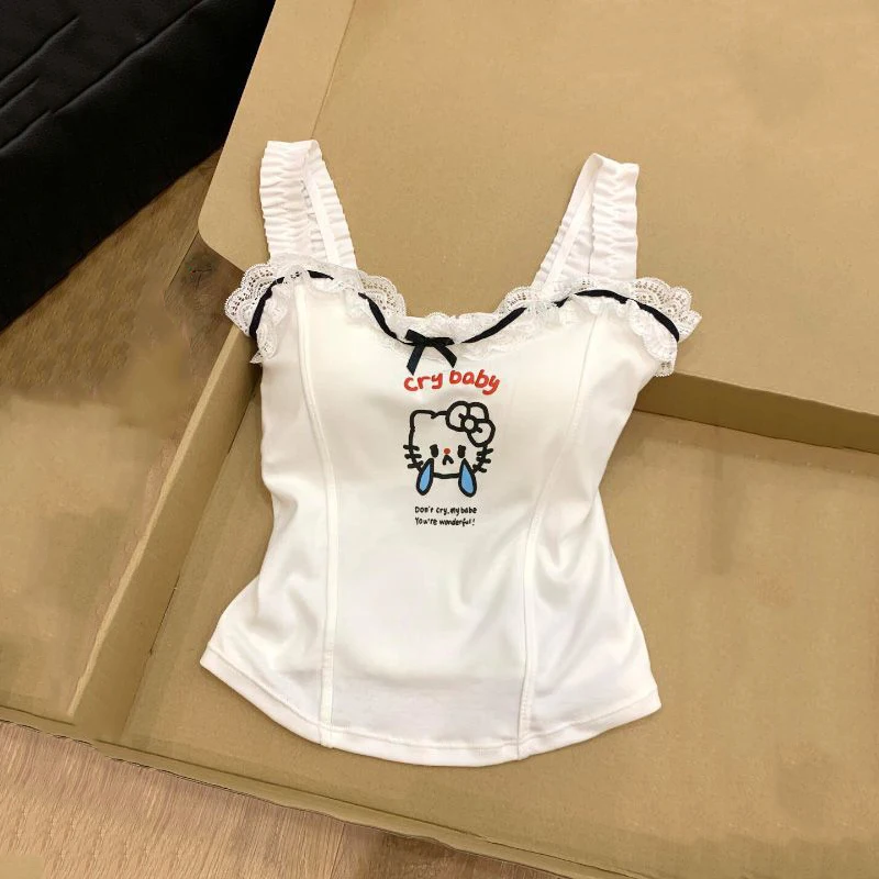 

Kawaii Sanrio Hello Kitty 2025 New Pure Desire Summer Sweet Girl Bow Lace Lace with Bra Pad Camisole Undershirt Female Homewear