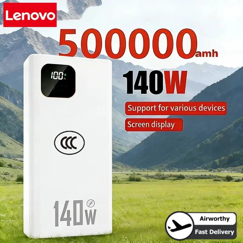Batería Externa Lenovo de 140W y 500000mAh de Ultra Capacidad, Carga Súper Rápida, Cargador Portátil con Certificación CCC para iPhone y Samsung, Nuevo 2026