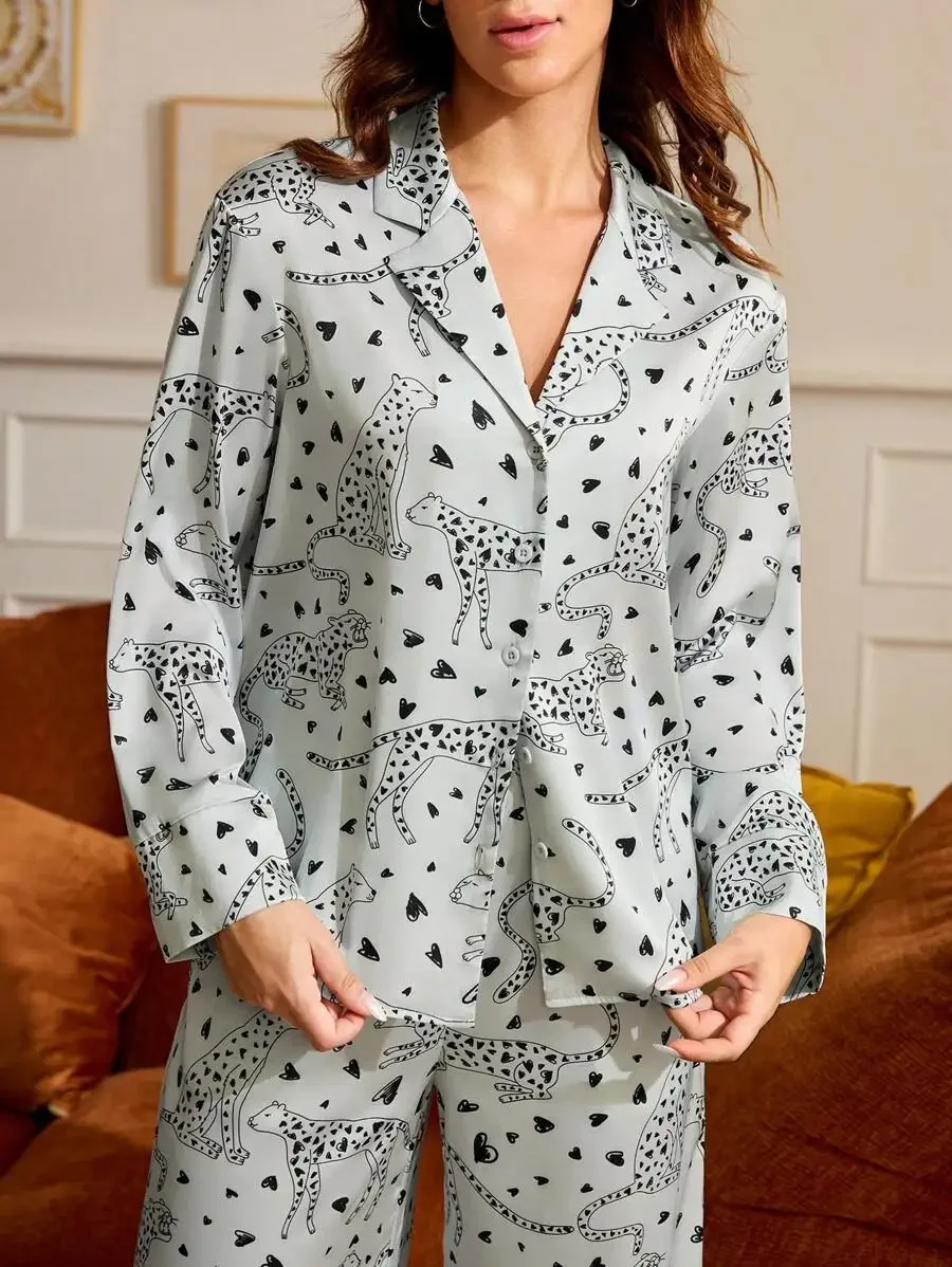 

Women Grey Long Sleeve Pajama Set All Over Leopard Print Button Front Sleepwear