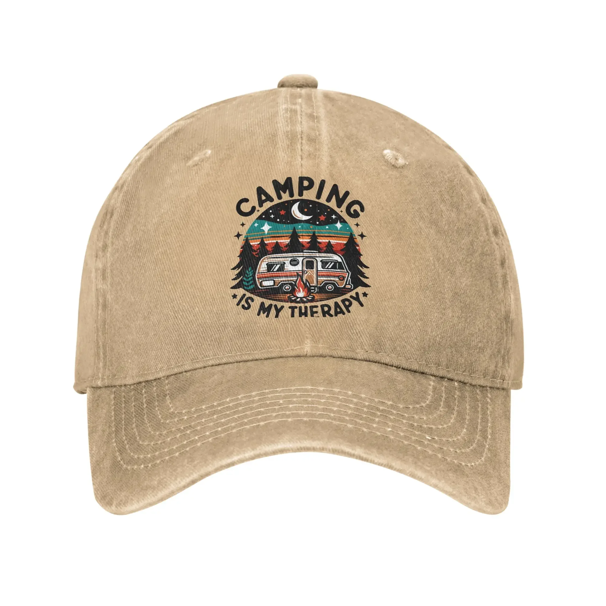 Summer Camping Is My Therapy Baseball Cap Sun Breathable Custom Logo Washed Trucker Hat Men Adult Casual Kpop Rock Snapback Cap