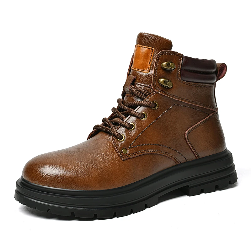 Men's PU Leather Boots Winter Warm Fleece Lined Combat Boots Lace Up Anti Slip High Top Ankle Work Boots Black Brown big size