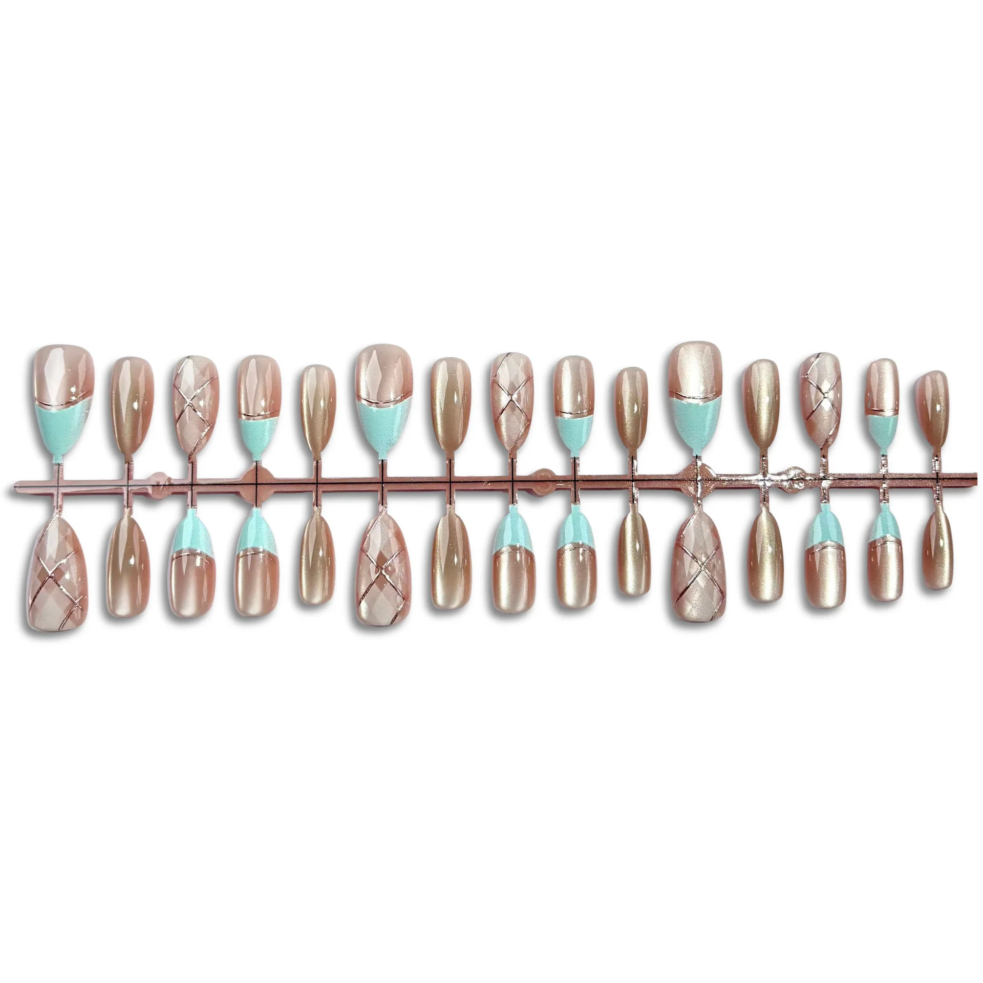 30pcs Blue French Tip Press On Nails Silver Plaid Line Cat Eye Fake Nail Glossy Short Almond False Nail for Women&Gril Nail Art 4