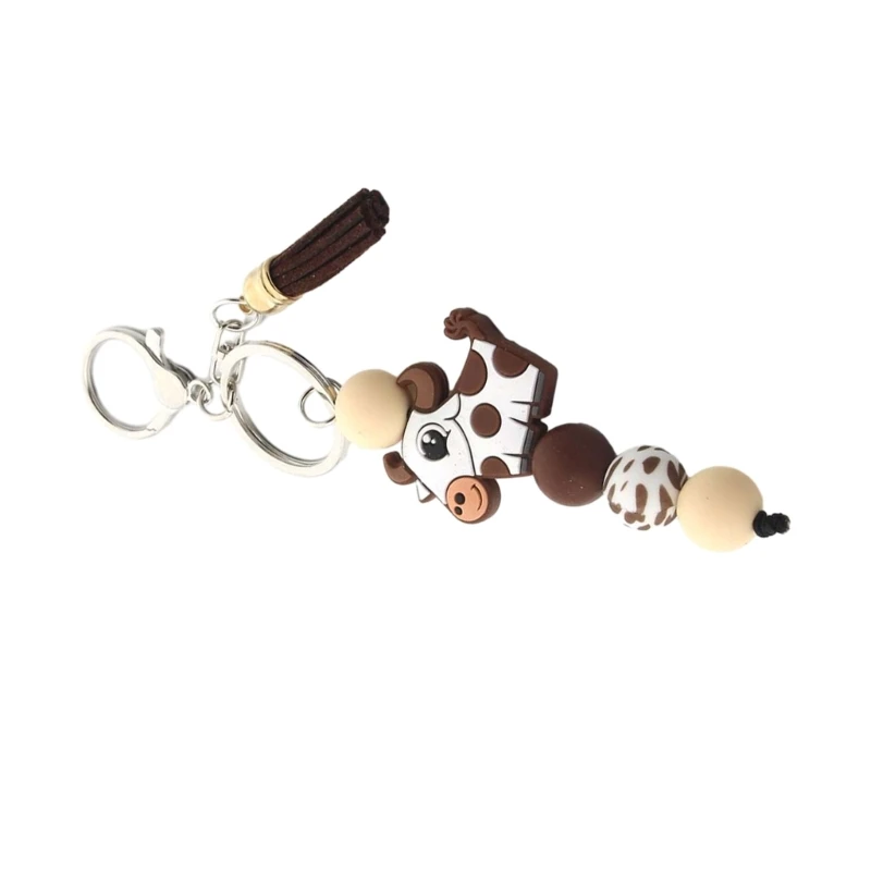 Cartoon Milk Cow Animal Keychain with Tassels Silicone Beads Key Chain Keyring