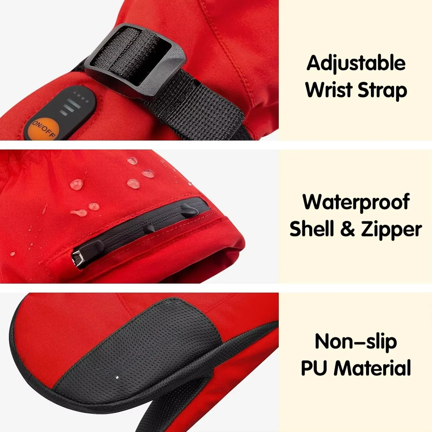 Wasoto WMK001 Kids Red 7.4V 3000mAh Heated PU Waterproof Touchscreen Compatible Full Finger Electric Heating Mittens for Skiing