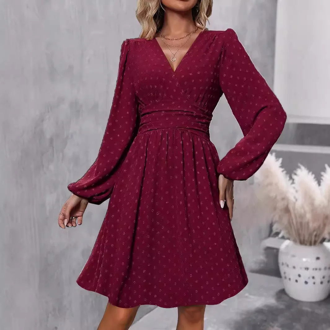 

Women's Dress Polka Dot New Autumn Winter Fashion Style Casual Commuting Elegant V-neck Lantern Sleeves Pleated Waist Robe Femme