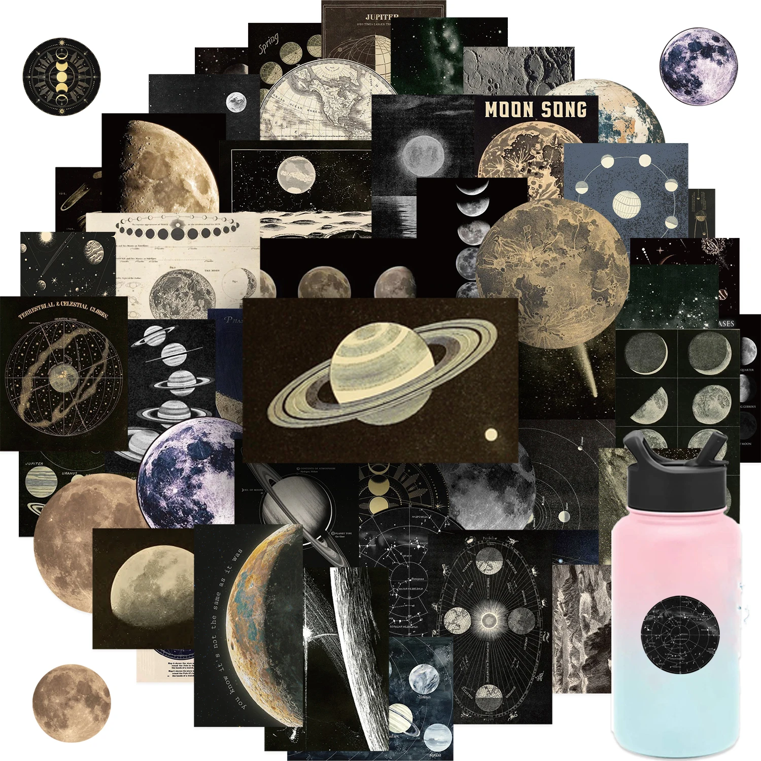 50pcs Retro Universe Planet Vinyl Stickers Vintage Celestial Designs for Water Bottles Cars Cups Computers Guitars Skateboards