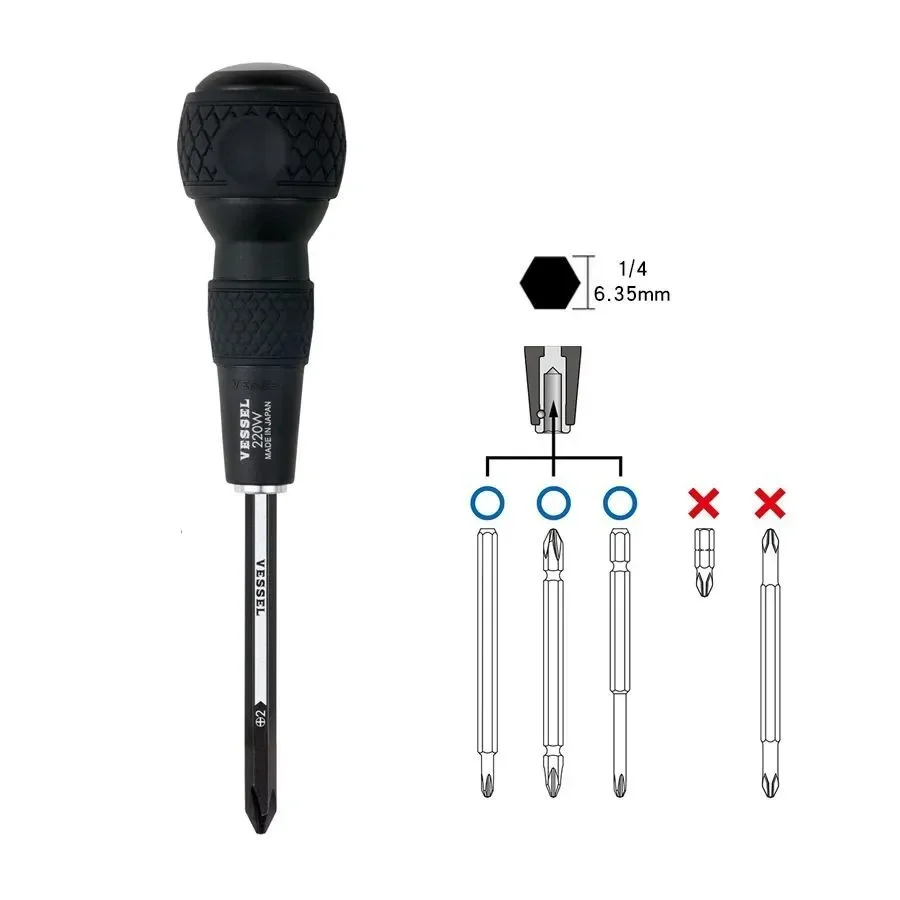 VESSEL, Interchangeable Bit Screwdriver Set, Ball Grip Retractable Screwdriver, Repair Hand Tool Accessory, 220W-62